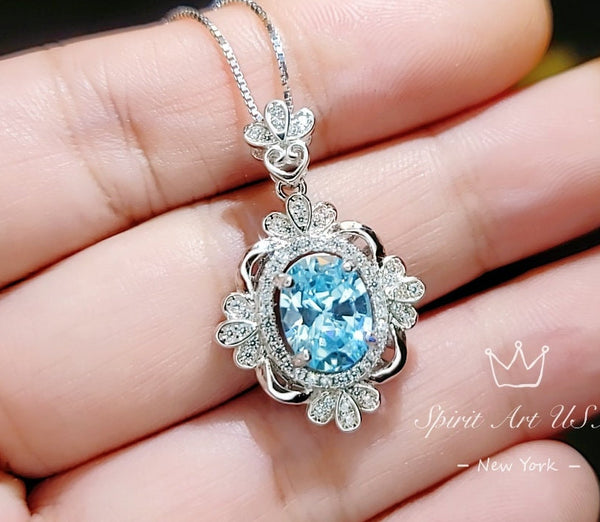 Blue Aquamarine Necklace - Royal Flower Style - 18KGP @ Sterling Silver - Gemstone Flower - Blue Aquamarine Pendant - March Birthstone #664