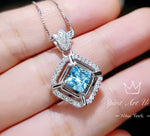 Gemstone Crown Square Aquamarine Necklace - 18kgp @ Sterling Silver - Halo 0.9 CT Blue Aquamarine Pendant - March Birthstone #258