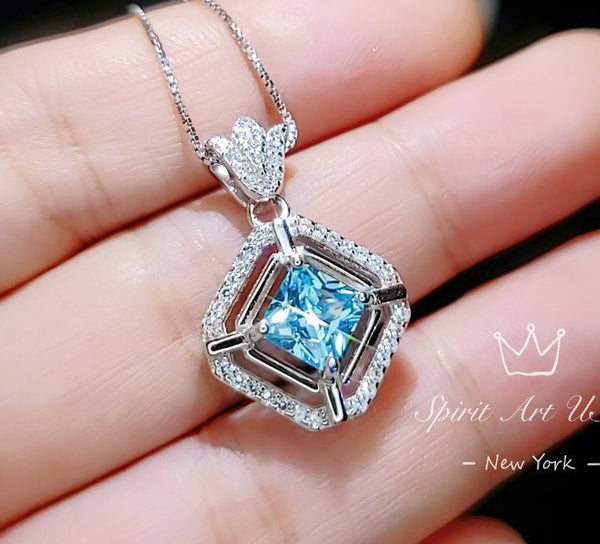 Gemstone Crown Square Aquamarine Necklace - 18kgp @ Sterling Silver - Halo 0.9 CT Blue Aquamarine Pendant - March Birthstone #258