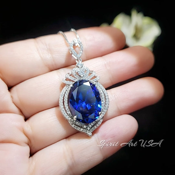 Large Sapphire Sterling Silver Necklace 14 ct Oval Royal Lab Created Blue Sapphire Gemstone Crown Pendant 18k White Gold Plated #919