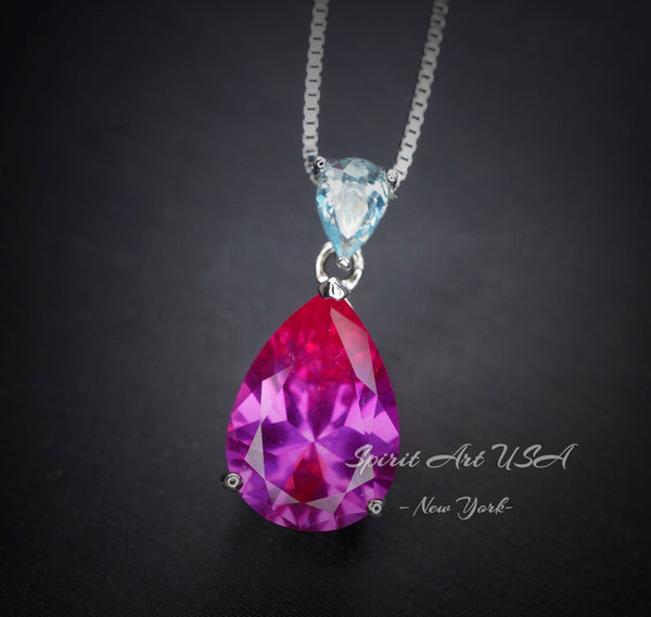 Large Pink Sapphire Necklace - 5.5 CT Teardrop Fuchsia Pink Sapphire Pendant - White Gold Coated Sterling Silver Pink Sapphire Jewelry #747