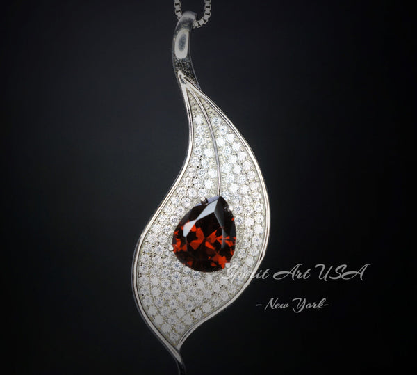 Garnet Necklace - 18kgp @ Sterling Silver Leaf Necklace - Gemstone Leaf - Teardrop Garnet Pendant - January Birthstone Anniversary Gift #886