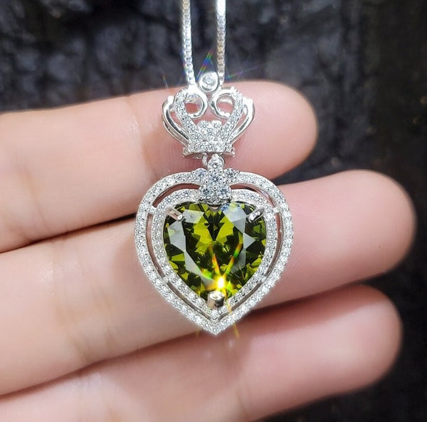 Large Green Peridot Heart Necklace - Full Sterling Silver Made Double Halo Green Heart Peridot Pendant #840