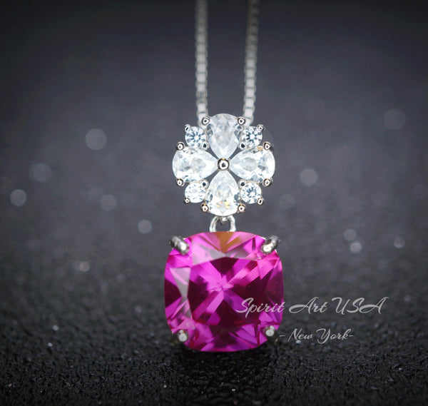 Pink Sapphire Necklace - Fuchsia - Four-leaf clover Necklace - 18kgp @ Sterling Silver - Large Cushion Cut 6 CT Pink Sapphire Pendant #595