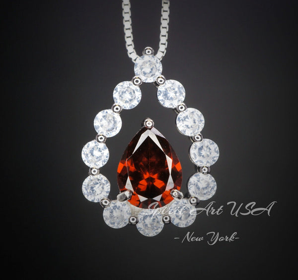Spessartite Garnet Necklace - Teardrop Gemstone Halo Garnet Pendant - 18kgp @ Sterling Silver - January Birthstone #410