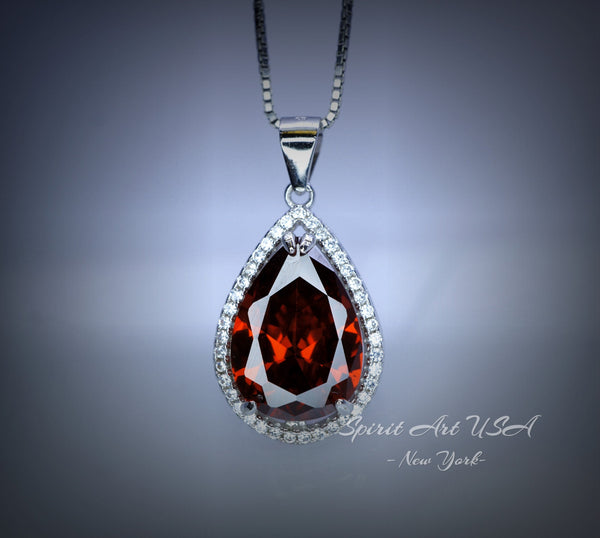 Large Teardrop Garnet Necklace - 5.5 CT Spessartite Garnet Pendant - 18kgp@ sterling Silver - Teardrop Halo Red Orange Garnet #772