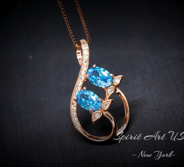Rose Gold Sterling Silver Blue Topaz Necklace - Gemstone Leaf Flower Tiny Topaz pendant #332