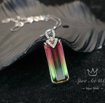 Watermelon Tourmaline Rectangle Necklace full Sterling Silver Rainbow Pink Lab Created Tourmaline Pendant #978