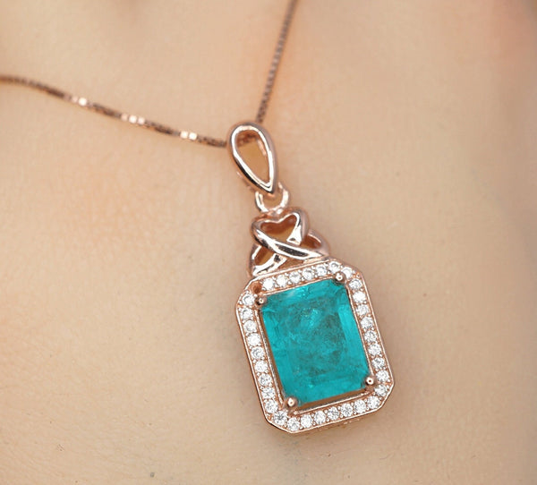 Paraiba Necklace - Rose Gold coated Sterling Silver Rectangle Royal Blue Paraiba Tourmaline Jewelry #278