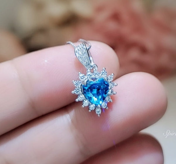 Tiny Blue Topaz Heart Necklace 925 Sterling Silver Minimalist Gemstone Ocean Heart Blue Topaz Pendant Jewelry 048