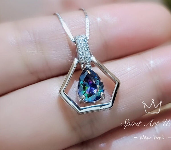 Geometric Rainbow Mystic Topaz Necklace - Sterling Silver Triangle Diamond Teardrop Mystic Topaz Pendant - Tiny Dynamic Hexagon Jewelry #109