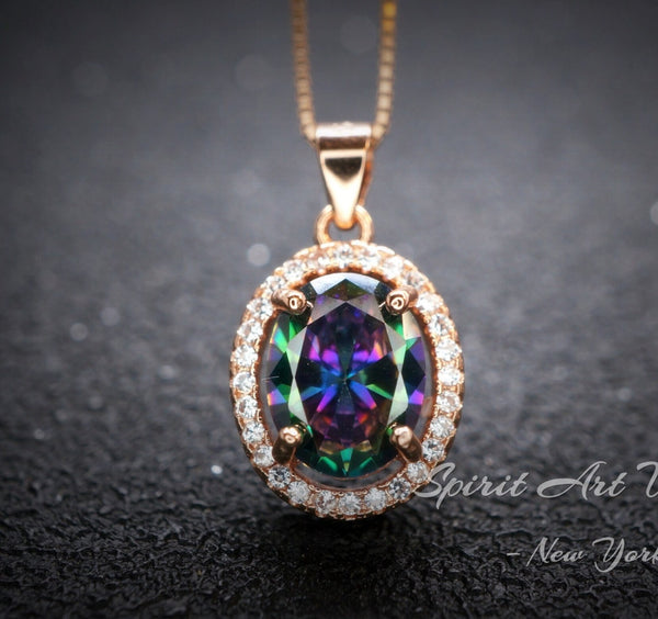 Rainbow Mystic Topaz Necklace - Rose gold coated Sterling Silver - Oval Cut Mystic Topaz Pendant 052