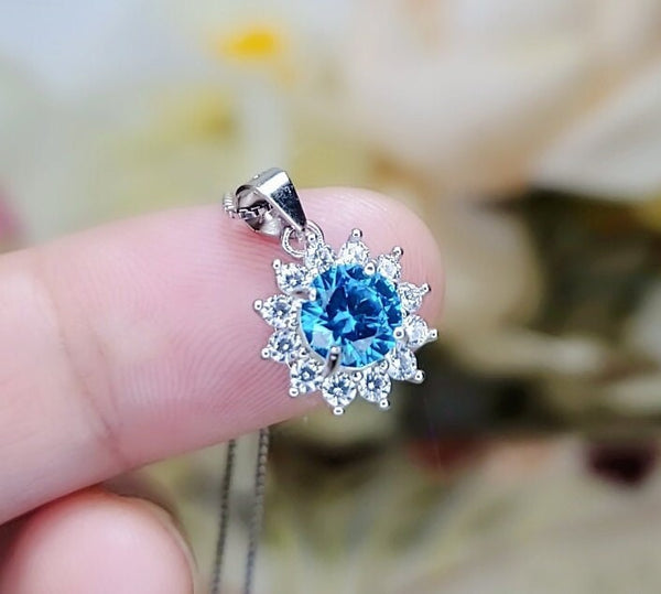 Tiny Blue Topaz Necklace Gemstone Sunflower Princess Diana Sterling Silver White Gold Plated Blue Gemstone Pendant Jewelry 055