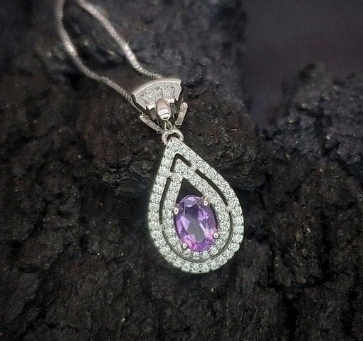 Tiny Natural Amethyst Necklace Sterling Silver Teardrop Halo Genuine Amethyst Jewelry #431