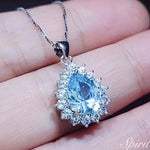 Teardrop Aquamarine Necklace, Sterling Silver 2.5 ct Blue Aquamarine Pendant, Gemstone Halo Pear Blue Gemstone Jewelry #133