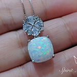 Four leaf clover Opal Necklace - Cushion Cut - White Fire Opal Pendant - Gemstone Flower Bail - White Gold coated Sterling Silver #448