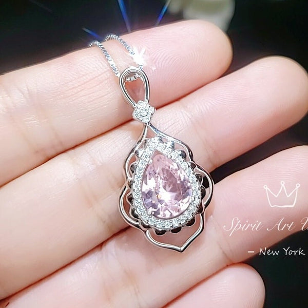 Morganite Necklace Gemstone Leaf Style 18kgp @ Sterling Silver - 2.75 CT Pink Gemstone - June Birthstone - Teardrop Morganite Jewelry #731