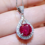 2.1 Ct Ruby Necklace - White Gold plated Sterling Silver Teardrop Created Red Gemstone Pendant Gemstone Halo Solitaire July Birthstone #153