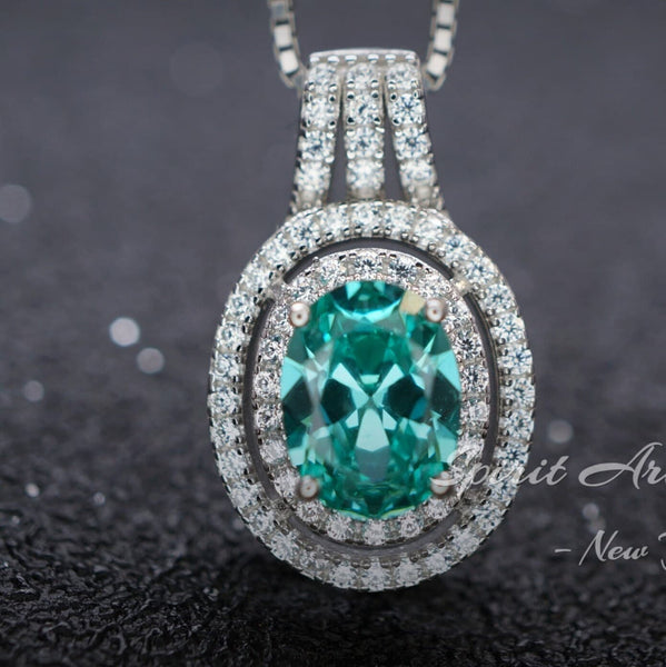 Green Paraiba Necklace - Double Halo - Paraiba Tourmaline Pendant - 18kgp @ Sterling Silver White Gold Oval Cut Paraiba Jewelry #516
