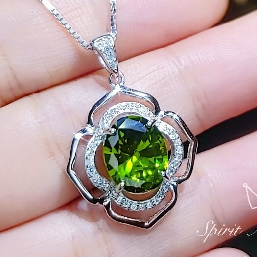 Sterling Silver Large Peridot Necklace , Green Flower of Life Necklace - Oval Cut 4.1 Ct Lab Green Peridot Flower Pendant #545