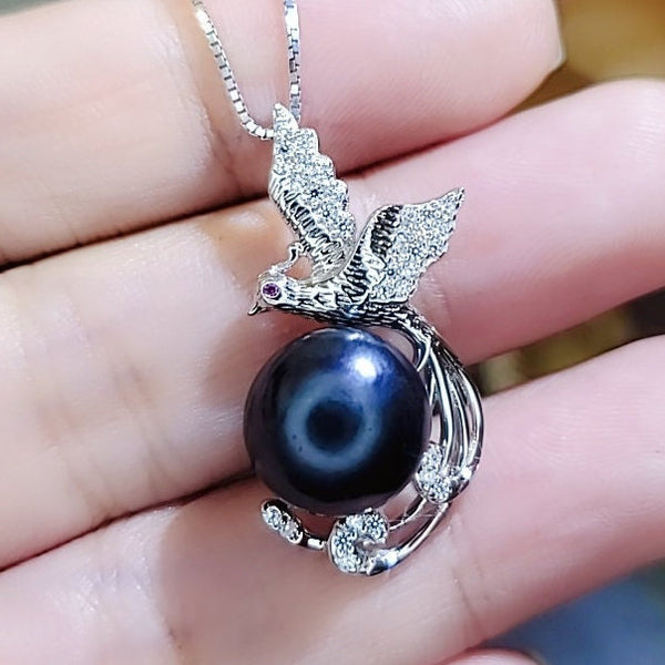 Black Pearl Necklace Sterling Silver Phoenix Pendant Black Pearl Jewelry 18k White gold coated # 609