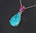 Sterling Silver Teardrop Paraiba Necklace - Dainty Red Ruby 6 CT Synthetic Lab Created Blue Paraiba Tourmaline Necklace #726