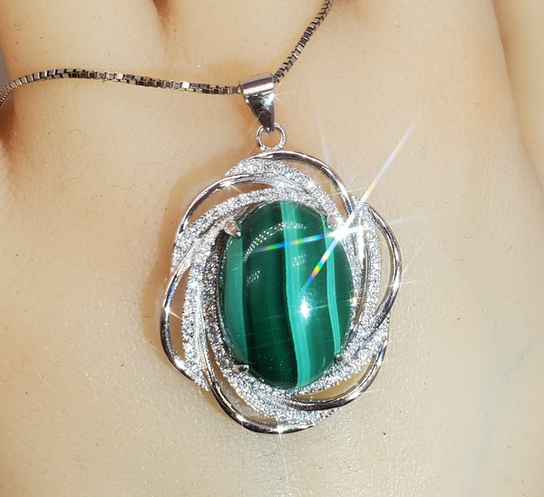 Natural Malachite Necklace - 18KGP @ Sterling Silver - Large Genuine Oval Green Malachite Pendant - Heart Chakra Healing
