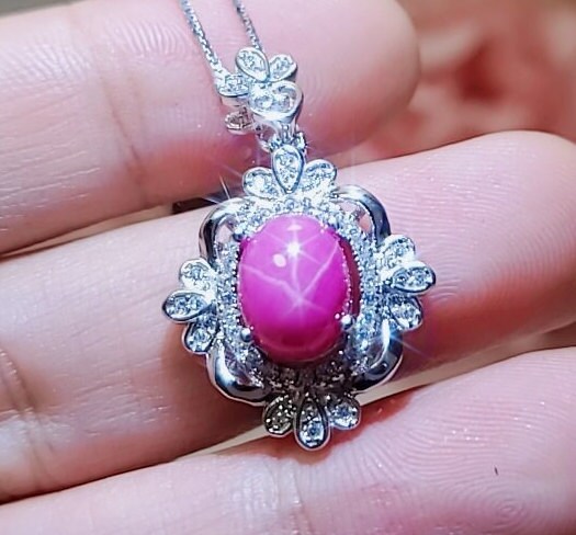 Star Ruby Necklace - Gemstone Royal Flower Ruby Pendant - 18KGP @ Sterling Silver - July Birthstone #749