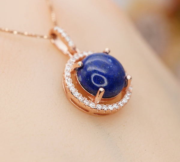 Lapis Lazuli Necklace - Rose Gold coated Sterling Silver Round Halo Gemstone Genuine Natural Blue Lapis Lazuli Pendant Jewelry #274