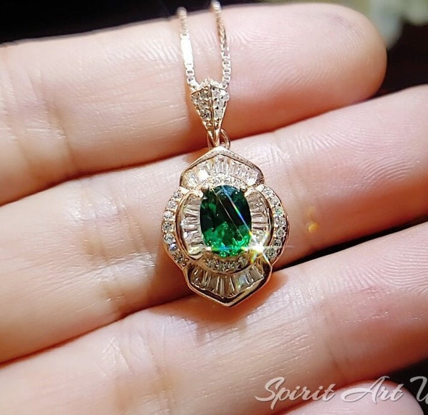 Double Halo Gemstone Rose Gold Emerald Necklace Sterling Silver Flower of Life 1 ct Green Gemstone Pendant Dainty Emerald Pendant #370