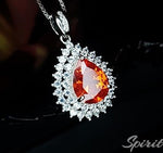 Double Halo Sunstone Necklace - Gemstone Halo Teardrop Orange Sapphire Pendant - 3 ct White Gold Coated Sterling Silver #678