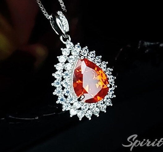 Double Halo Sunstone Necklace - Gemstone Halo Teardrop Orange Sapphire Pendant - 3 ct White Gold Coated Sterling Silver #678