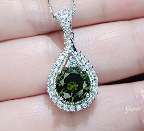 Round Peridot Necklace Sterling Silver 2 CT Sim Gemstone Green Pendant August Birthstone Teardrop Style Solitaire Lab Created #156