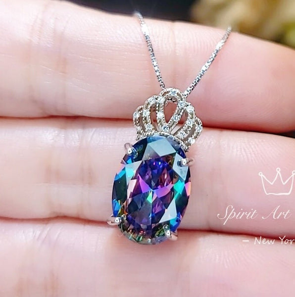 Mystic Topaz Necklace Gemstone Crown 18KGP @ Sterling Silver Large Oval - Fire Topaz Pendant - Royal 6 CT Rainbow Topaz Jewelry #846