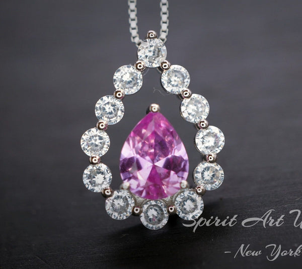 Pink Tourmaline Necklace - Dainty Pink Tourmaline Pendant - Gemstone Rounded Halo Teardrop Halo Pink Tourmaline Jewelry #970