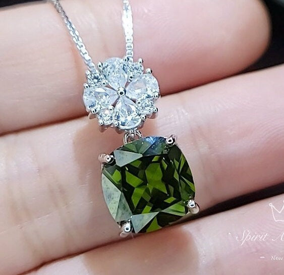 Four leaf clover Peridot Necklace - Cushion Cut 5 CT - Green Peridot Pendant - Gemstone Flower Bail White Gold coated Sterling Silver #492