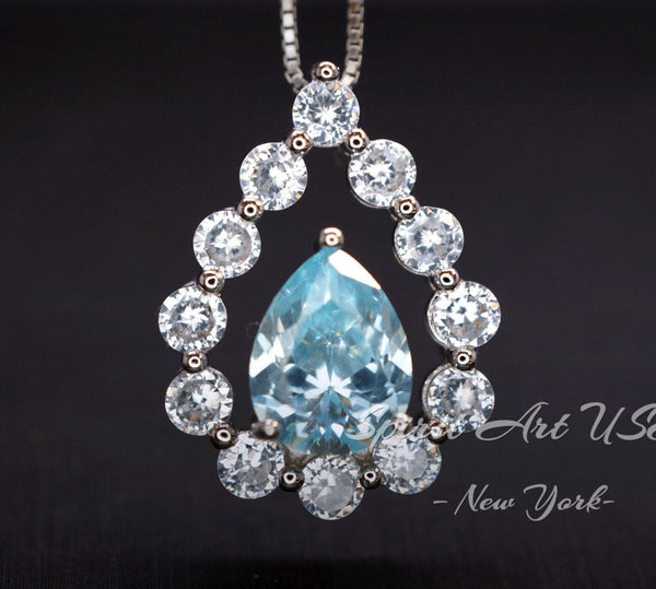 Aquamarine Necklace, Sterling Silver Blue Aquamarine Pendant Gemstone Halo Teardrop Blue Aquamarine Jewelry - March Birthstone - 18kgp #47