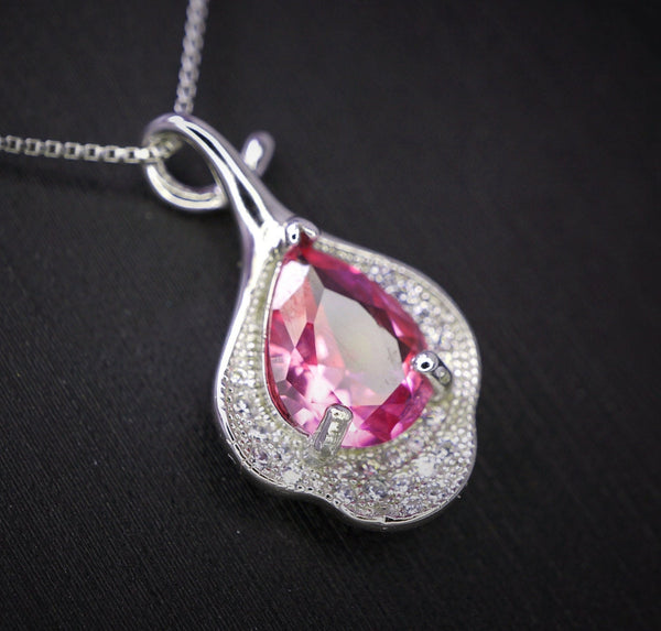 Dainty Pink Tourmaline Necklace Sterling Silver Leaf Pink Gemstone Jewelry #379