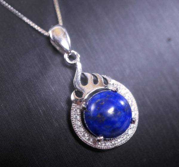Lapis Lazuli Necklace - 18KGP @ Sterling Silver The Sacred Fire Flame Necklace Dainty Natural Blue Lapis Pendant - Round Halo Solitaire #343