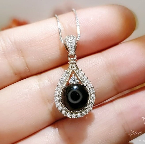Black Onyx Necklace Round Full 925 Sterling Silver -Teardrop Dainty Root Chakra Healing- Protective Black Onyx Pendant #281