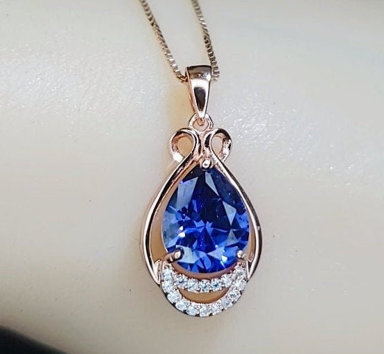 Tanzanite Necklace - Rose gold coated Sterling Silver Blue Tanzanite Pendant - 2.75 CT Lab Created Energic December Birthstone #953
