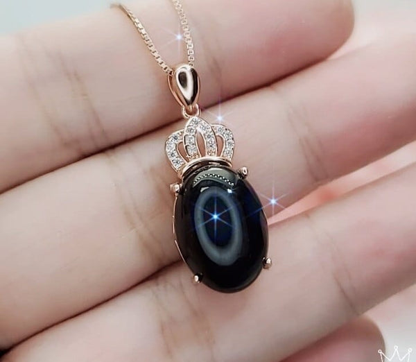 Black Onyx Necklace, Gemstone Crown Rose Gold coated 925 Sterling Silver Black Onyx Pendant Root Chakra Healing #430