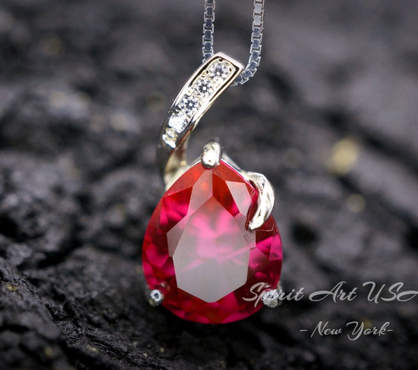 Classic Simple Ruby Necklace - 18KGP& Sterling Silver - Teardrop Red Ruby Pendant - July Birthstone - Pear 3.5 CT Large #683