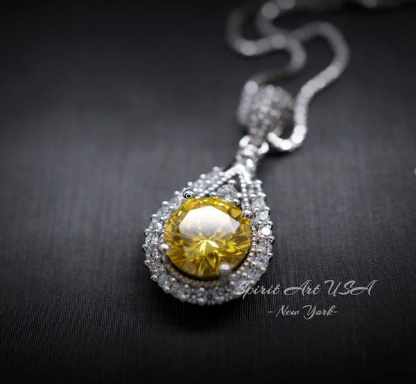 Round Yellow Gemstone Necklace - Creat Citrine Round 2.2 CT Fashion Pendant - 18KGP & Sterling Silver - November Birthstone #178
