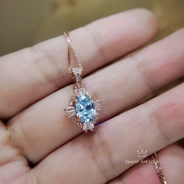 Tiny Aquamarine Necklace - Rose Gold 925 Sterling Silver Gemstone Halo Blue Aquamarine Pendant March Birthstone 076