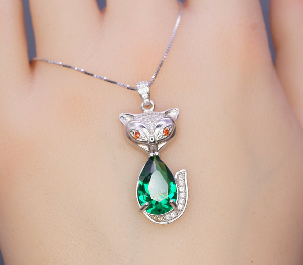 Emerald Necklace - Sterling Silver Green Gemstone Fox Pendant - 18KGP - Emerald Pets Lover Necklace #436