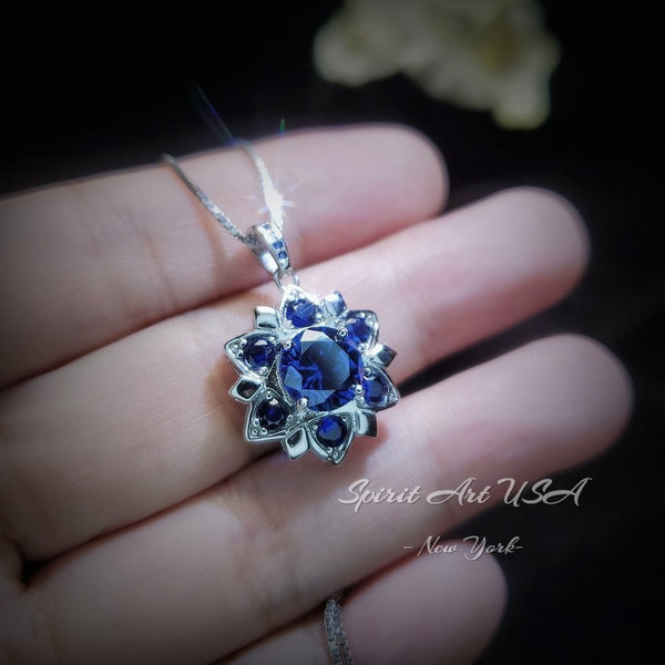 Blue Corundum @ Blue Sapphire Necklace - Blue Sapphire Pendant - 18KGP @ Sterling Silver - Unique Blue corundum 6 Petal Flower Necklace #695