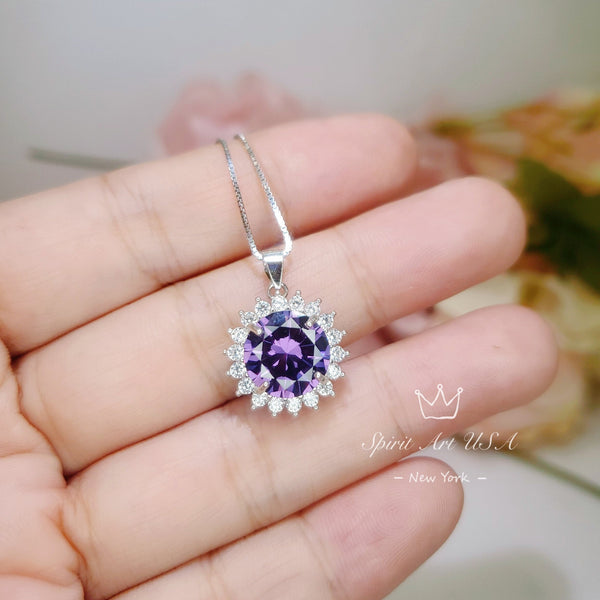 Created Amethyst Necklace - Round Princess Diana Solitaire Amethyst Jewelry - February Birthstone - Large Synthetic Amethyst Pendant 070