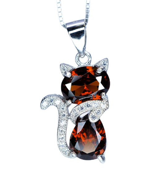 Spessartite Garnet Necklace - 18KGP @ Sterling Silver - Gemstone Kitty Cat Pendant - Pet lover gift - Kitten Garnet Jewelry #212