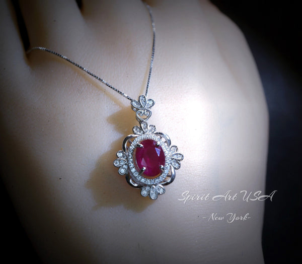 18KGP Ruby Necklace - Gemstone Flower 2.3 CT Ruby Pendant Sterling Silver Vantage Style Royal Red Gemstone Pendant - July Birthstone #538